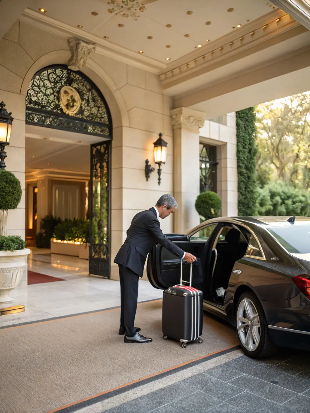 A personal concierge assisting a VIP client with luggage at a luxury hotel, highlighting personalized attention and convenience.